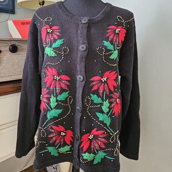One Resource Black Christmas Poinsettia Sweater Cardigan - Picture 1 of 6